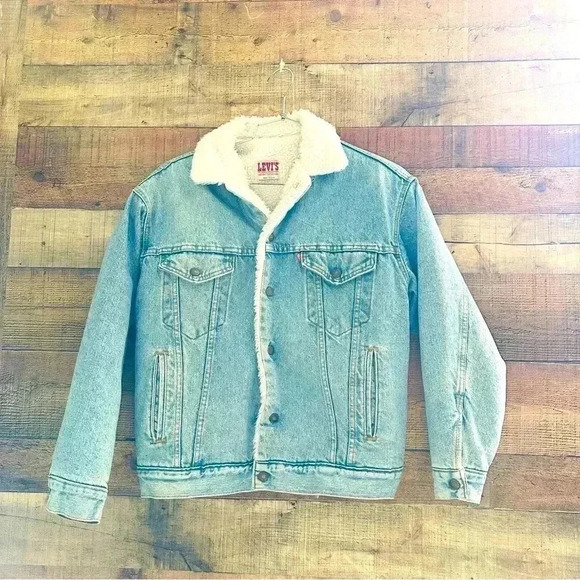 Vintage Unisex Levi’s Sherpa Jacket Raw Denim W Harley Davidson Patch - Picture 1 of 12